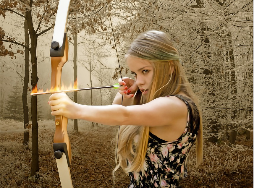 a lady aiming an arrow